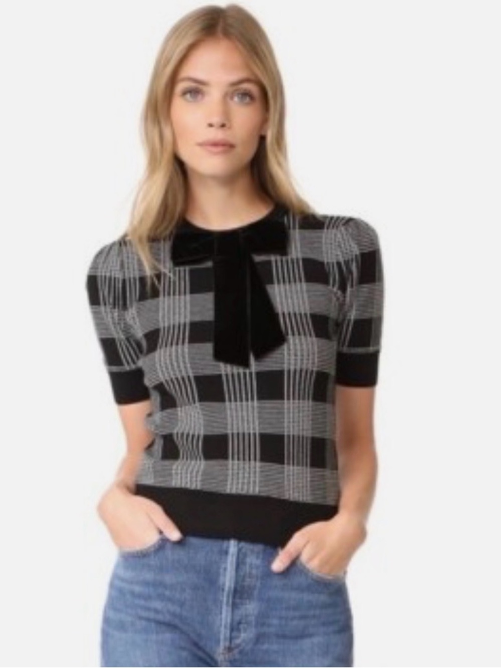 Alice + Olivia Plaid Sweater with Velvet Bow. S/P